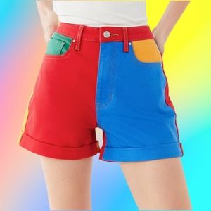 GUESS X J BALVIN HIGH-RISE COLOR-BLOCK DENIM SHORT